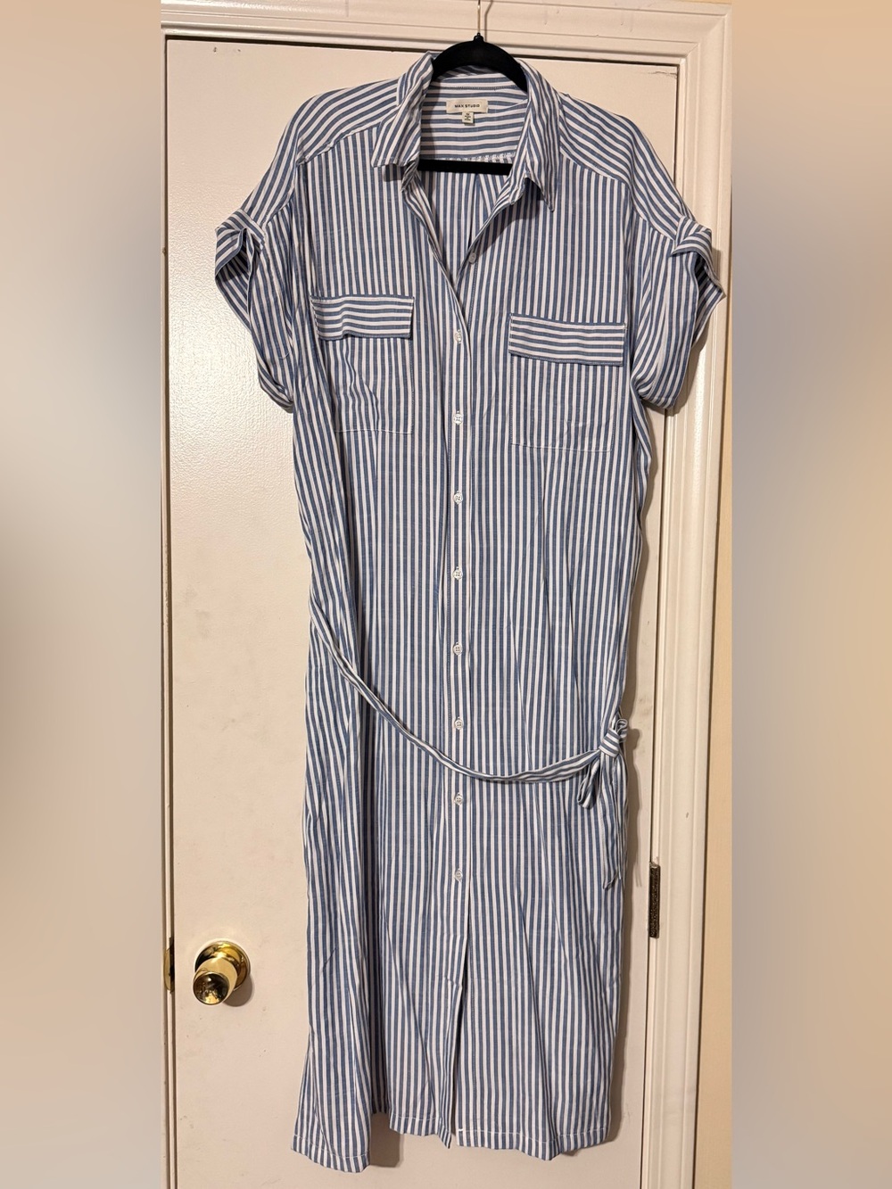 Blue and White Striped Button-Front Shirt Dress